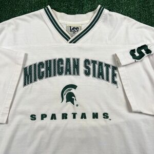 VTG Lee Sport Michigan State Spartan T-Shirt Mens XL White Green Embroidered 90s